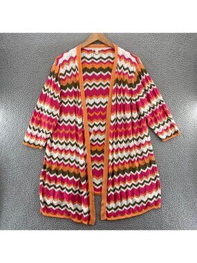CATO Sweater Womens 22W Coral Multi Chevron Striped Tunic Cardigan 3/4 Sleeves